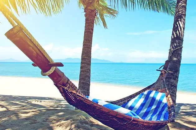 Empty-hammock-between-palms-trees-at-sandy-beach